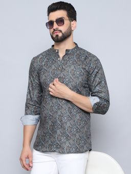 Jompers - Men Olive Cotton Geometric Straight Kurta