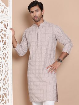 Jompers - Men Grey Viscose Rayon Embroidered Straight Kurta