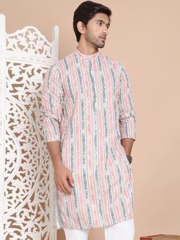 Jompers - Men Beige Cotton Geometric Straight Kurta