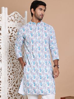 Jompers - Men Blue Cotton Geometric Straight Kurta
