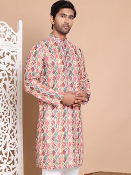 Jompers - Men Multi-Color Cotton Geometric Straight Kurta