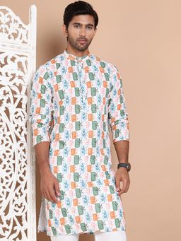 Jompers - Men White Cotton Abstract Straight Kurta
