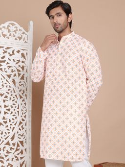 Jompers - Men Orange Cotton Geometric Straight Kurta