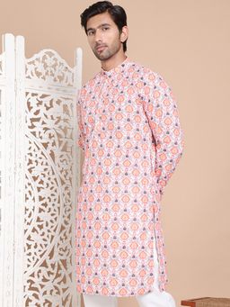 Jompers - Men Peach Cotton Geometric Straight Kurta