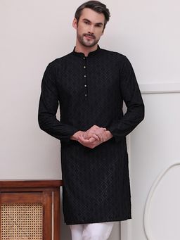 Jompers - Men Black Cotton Embroidered Straight Kurta