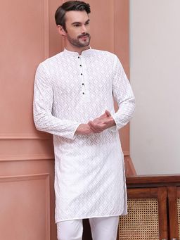 Jompers - Men White Cotton Embroidered Straight Kurta