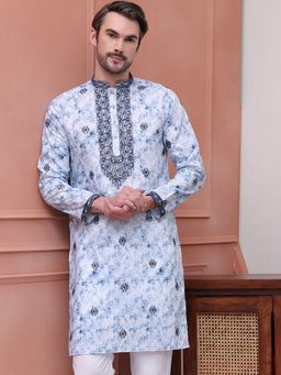 Jompers - Men Blue Cotton Embroidered Straight Kurta