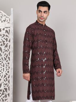 Jompers - Men Brown Viscose Rayon Embroidered Straight Kurta