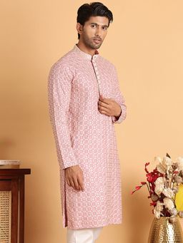 Jompers - Men Pink Viscose Rayon Embroidered Straight Kurta
