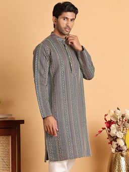 Jompers - Men Grey Silk Blend Embroidered Straight Kurta