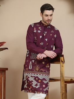 Jompers - Men Wine Floral Embroidered and Sequins Kurta