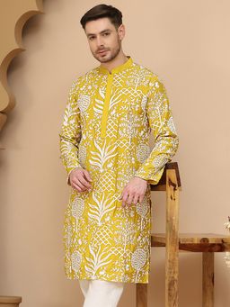 Jompers - Men Yellow Embroidered Silk Blend Kurta