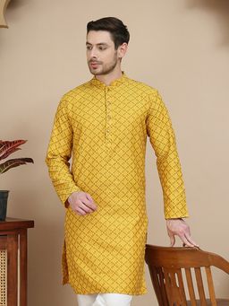 Jompers - Men Mustard Jacquard Silk Straight Kurta