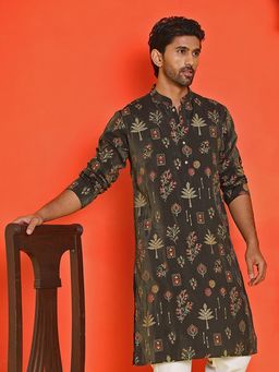Jompers - Men Black Printed Silk Blend Straight Kurta
