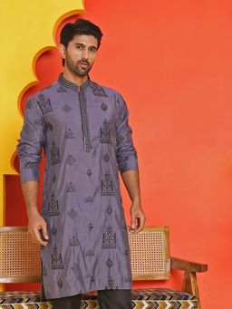 Jompers - Men Purple Embroidered Silk Blend Kurta