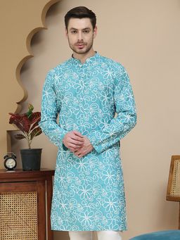 Jompers - Men Blue Floral Printed Kurta