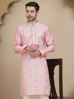 Jompers - Men Pink Embroidered Silk Blend Kurta