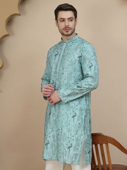 Jompers - Men Blue Embroidered Silk Blend Kurta