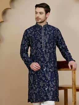 Jompers - Men Navy Blue Embroidered Silk Blend Kurta