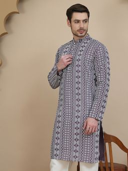 Jompers - Men Purple Geometric Print Silk Blend Straight Kurta