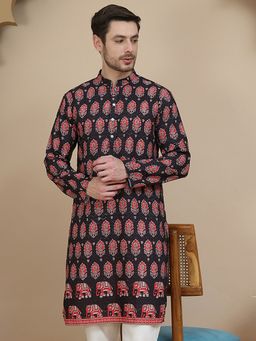 Jompers - Men Black Printed Silk Blend Straight Kurta