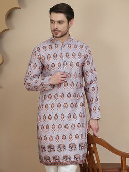 Jompers - Men Purple Printed Silk Blend Straight Kurta