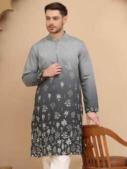 Jompers - Men Grey Ombre and Embroidered Kurta