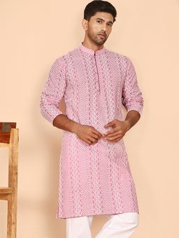 Jompers - Men Pink Embroidered Cotton Kurta
