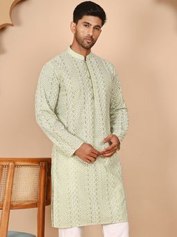 Jompers - Men Green Embroidered Cotton Kurta