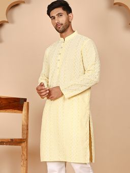 Jompers - Men Yellow Embroidered Cotton Kurta