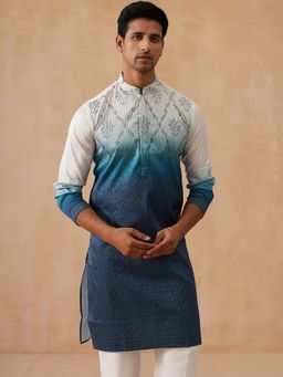 Jompers - Men Blue Embroidered Silk Blend Kurta