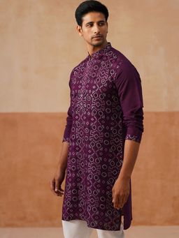 Jompers - Men Purple Embroidered Silk Blend Kurta