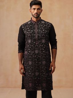 Jompers - Men Black Embroidered Silk Blend Kurta