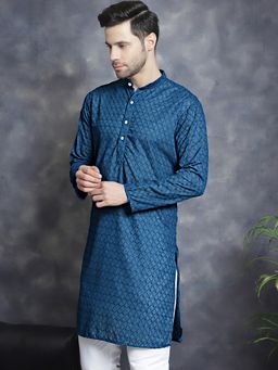 Jompers - Men Blue Cotton Embroidered Straight Kurta