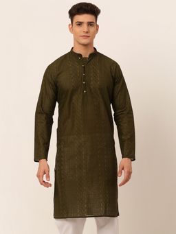 Jompers - Men Olive Cotton Embroidered Straight Kurta