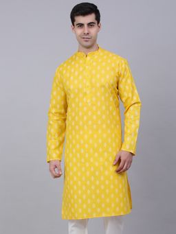 Jompers - Men Yellow Cotton Blend Floral Straight Kurta