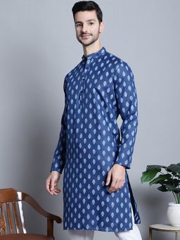 Jompers - Men Blue Cotton Blend Floral Straight Kurta
