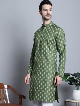 Jompers - Men Olive Cotton Blend Floral Straight Kurta