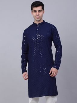 Jompers - Men Navy Blue Cotton Embroidered Straight Kurta