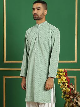 Jompers - Men Green Cotton Embroidered Straight Kurta