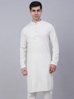 Jompers - Men White Cotton Embroidered Straight Kurta