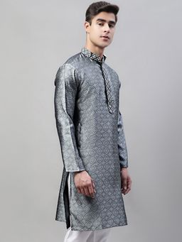 Jompers - Men Grey Jacquard Geometric Straight Kurta