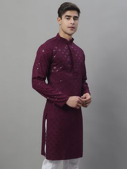 Jompers - Men Purple Viscose Rayon Embroidered Straight Kurta