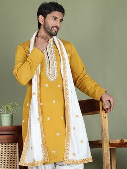 Jompers - Men Mustard Embroidered Silk Blend Kurta with White Dupatta