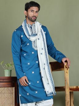 Jompers - Men Blue Embroidered Silk Blend Kurta with White Dupatta