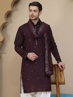 Jompers - Men Wine Embroidered Silk Blend Kurta with Matching Dupatta