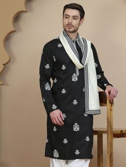 Jompers - Men Black Embroidered Silk Blend Kurta with Contrast Dupatta
