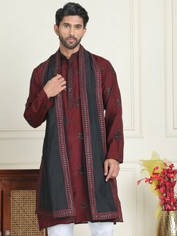 Jompers - Men Maroon Embroidered Silk Blend Kurta with Contrast Dupatta