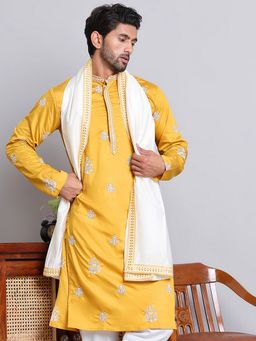 Jompers - Men Mustard Embroidered Silk Blend Kurta with Contrast Dupatta