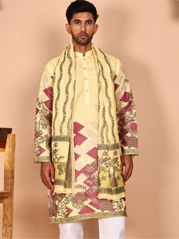 Jompers - Men Yellow Floral Printed Cotton Blend Kurta with Dupatta